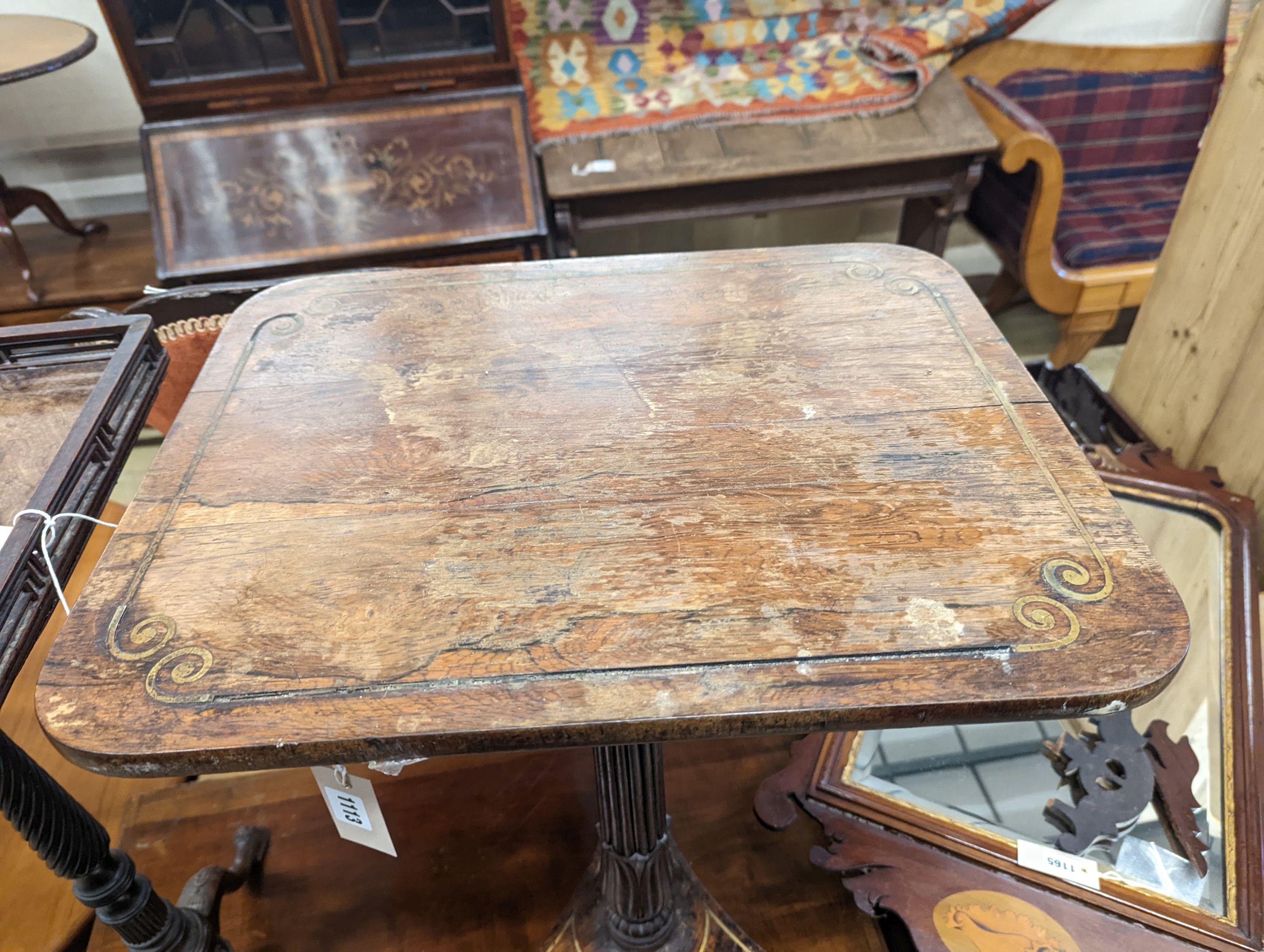 A Regency brass inlaid wine table, width 51cm, depth 40cm, height 75cm